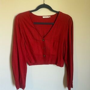 Lush Scarlet Button-Up V-Neck Blouse